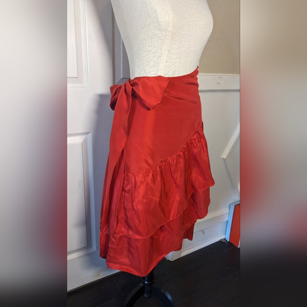 100% Silk Red Ruffle Wrap Skirt